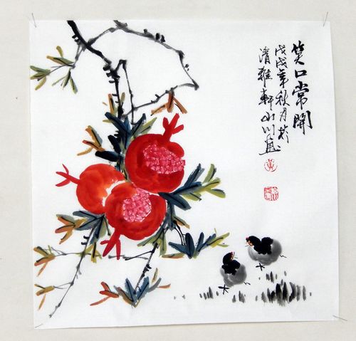 名家手绘真迹水墨写意花鸟画斗方石榴国画