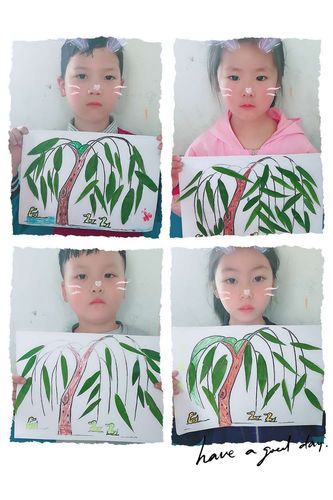 2,尝试用胶水将"柳叶"粘贴到柳条上,让幼儿知道春天到了,柳树开始