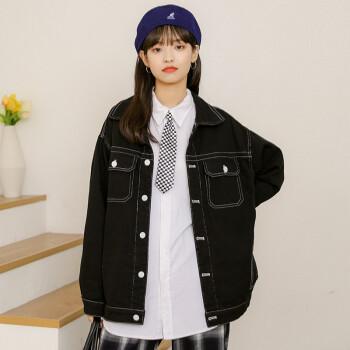 雷斯琦牛仔外套女2021春秋新款牛仔褂子女百搭黑色休闲外套军绿夹克bf