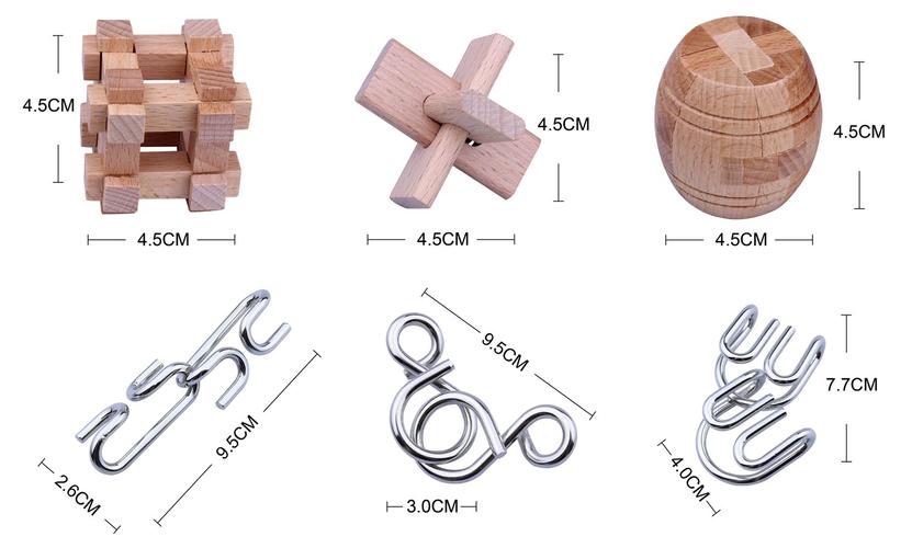 工厂直销榉木孔明锁智力扣六合一智力套装 儿童学生益智拼装玩具