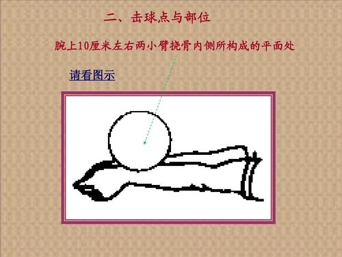 二,击球点与部位 腕上10厘米左右两小臂挠骨内侧所构成的平面处 请看