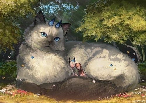 日推画师绘制的超治愈插画,巨型动物与人类.【twitter