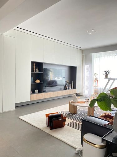极简风客厅装修|简简单单的满墙电视柜,真香_电视柜_极简风_茶几_客厅