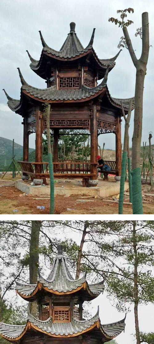 古建双层飞檐亭子 实木扇形仿古凉亭 双层六角亭 雕刻