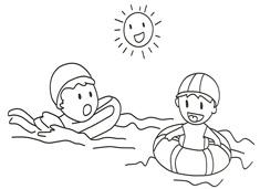 两位小朋友在水里游泳的简笔画