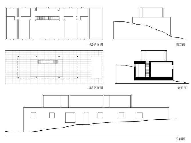 一层平面图 侧立面 二层平面图 剖面图 立面图