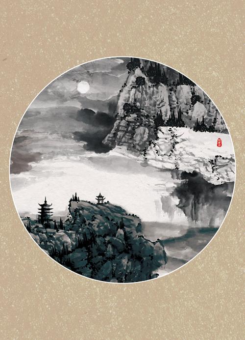 八幅圆形山水国画习作