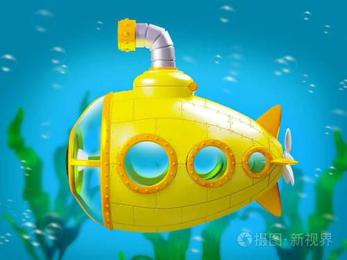 卡通黄色潜水艇在水之下