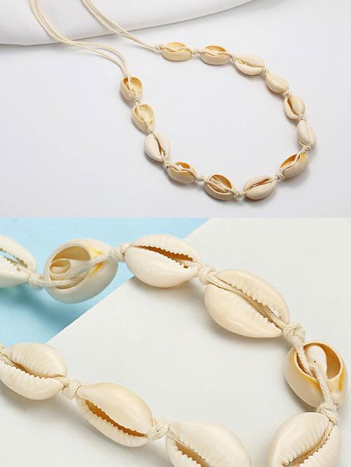 跨境时尚饰品白色贝壳项链 手工制作项圈锁骨链子 伸缩编织绳颈链
