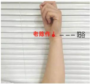 阳谷穴位于手腕尺侧,尺骨茎突与三角骨之间的凹陷处,即手掌侧面连接