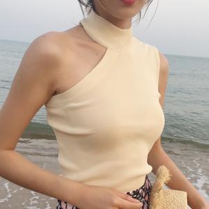 外穿漏单肩挂脖上衣女秋无袖针织露锁骨心机小吊带背心性感紧身骚