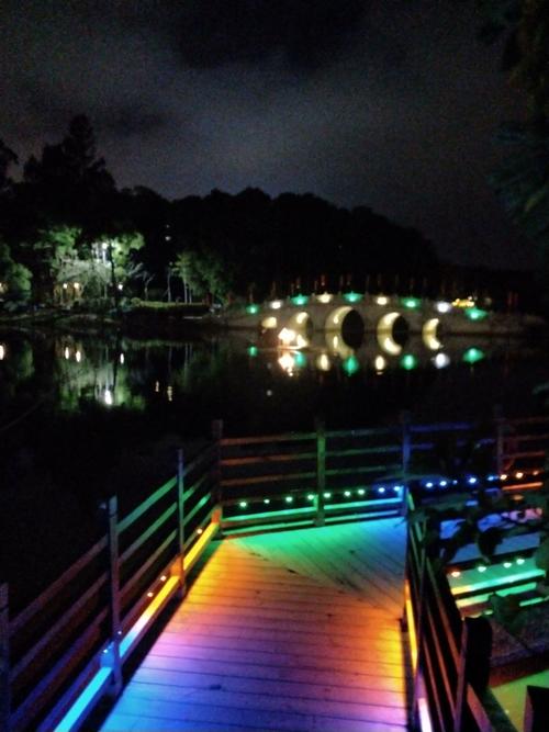 金山公园木栈道,湖桥夜景