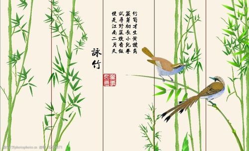 咏竹手绘竹子花鸟背景墙