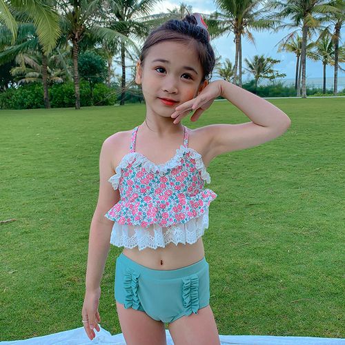 新款女童比基尼泳衣公主裙式儿童挂脖分体式泳衣夏天