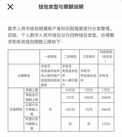 图:数字人民币app中关于钱包类型和限额说明