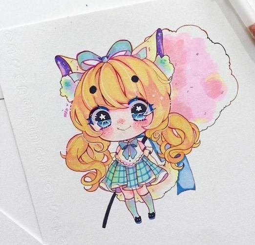 马克笔手绘,超可爱的卡通迷你小萝莉,棉花糖小女孩