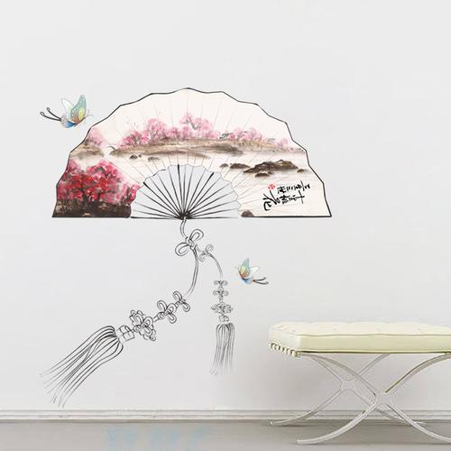 新款三生三世桃花扇子中国风电视背景墙面装饰墙贴纸贴画壁画