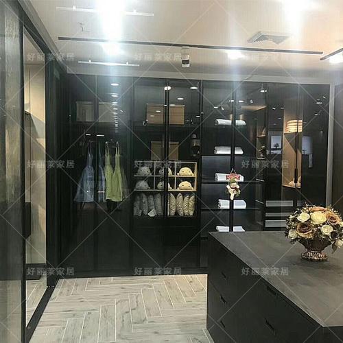 苏州工厂直销轻奢玻璃门黑色铝框玻璃门整体衣帽间衣柜定制