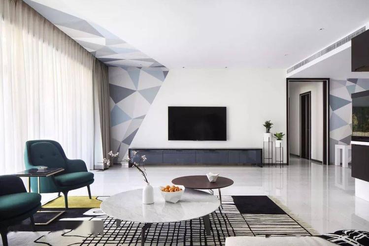 或者是在背景墙的一角做个几何造型,内部同样划分为不同的色块,这样的