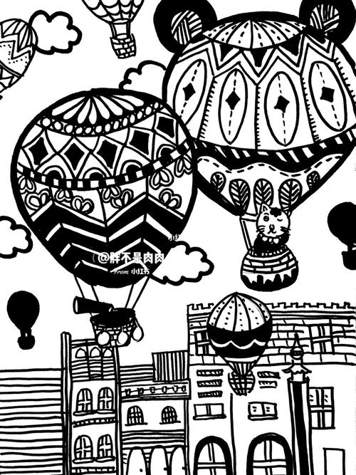 热气球黑白线描画_热气球_儿童画_黑白画_文化_绘画