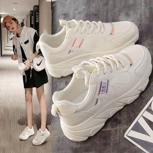 秋季新款皮面运动鞋女跑步鞋子女学生韩版百搭老爹鞋ins同款潮臻涩