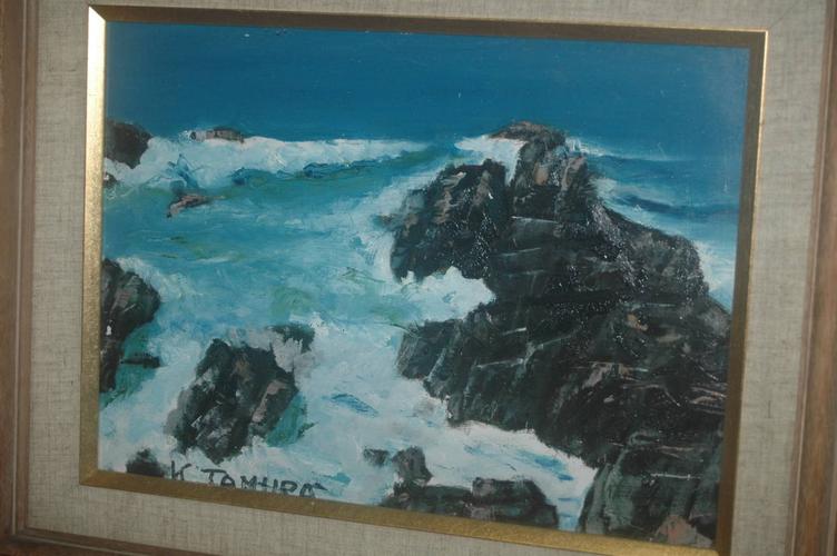 a011 作者不明 k.tamura 作海 海岸 岸壁 荒波の风景 油彩画作品 です