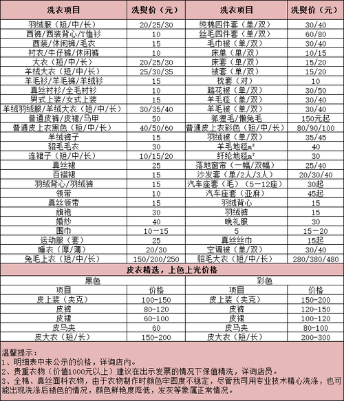 焦作干洗店收费价格表-焦作干洗店洗衣服价格