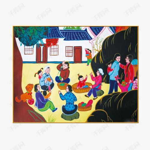 手绘乡村妇女孩子游玩艺术画的素材免抠手绘乡村妇孩子游玩民间艺术画