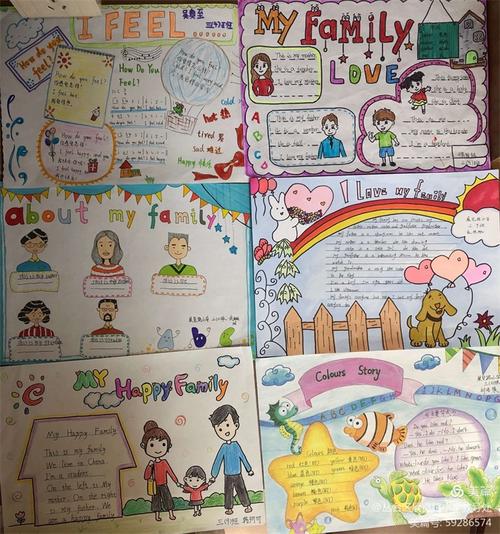 三年级学生刚刚学了家庭成员单词,假期孩子们制作有关family的手抄报.