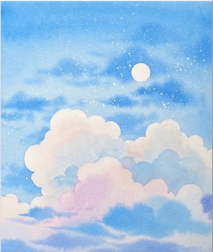 水彩欣赏清新梦幻天空和云新手也可入