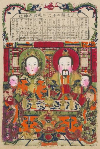 清光绪二十六年(1900年)天津杨柳青灶神版画,上方有新年的二十四节气