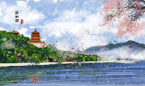 吃鸡北京颐和园水墨画插画