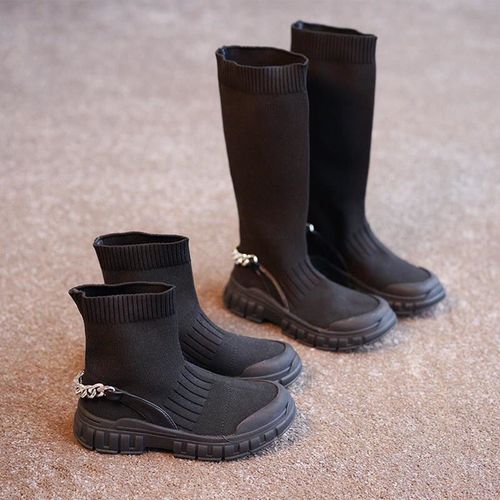 女童靴子儿童鞋2021秋季新款黑色飞织长靴走秀表演短