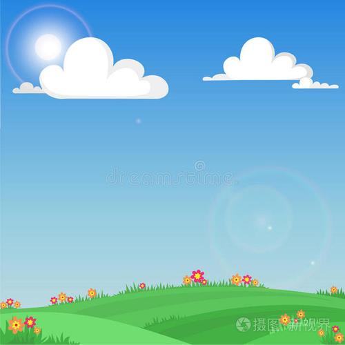 背景是绿色的草地和晴朗的天空