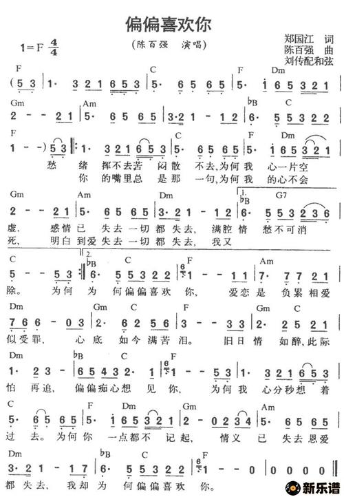 《偏偏喜欢你》最新曲谱(陈百强)-陈百强钢琴谱吉他谱