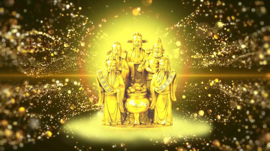 五路财神金身立像-金光金色粒子背景