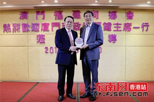 澳门福建同乡会会长张明星(左)向厦门市政协主席张健(右)赠送纪念品