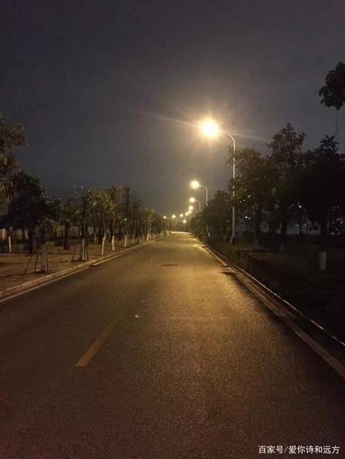夜晚灯光照亮着宽敞整洁的道路.