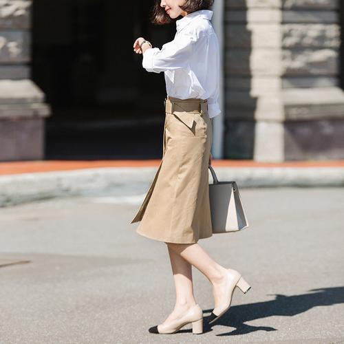 沫里 秋冬款英伦休闲双排扣高腰半身裙 卡其色一片式腰带a字裙 女