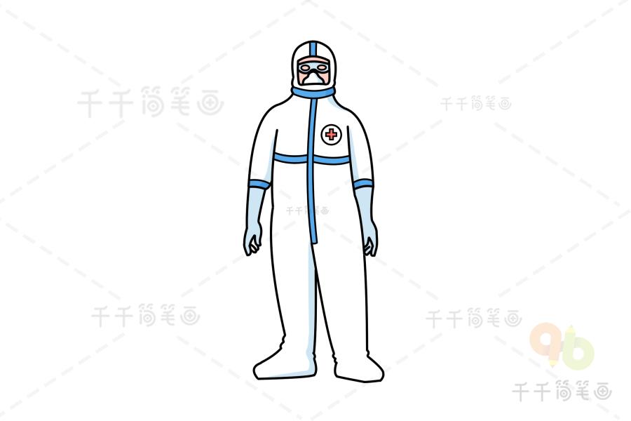 穿着防护服战疫情的医生简笔画