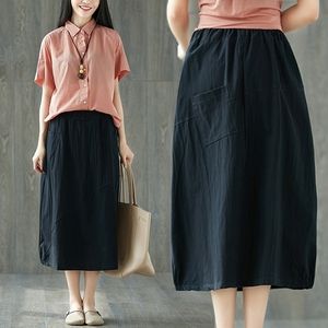 2019春夏复古棉麻花苞裙半身裙女亚麻料a字裙民族风灯笼裙长裙子