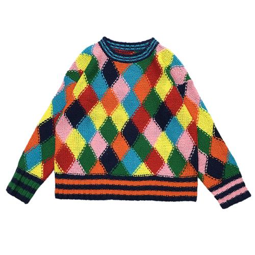 zs定制 韩国甜美彩虹多色菱形格子撞色编织宽松套头毛衣 女秋冬潮