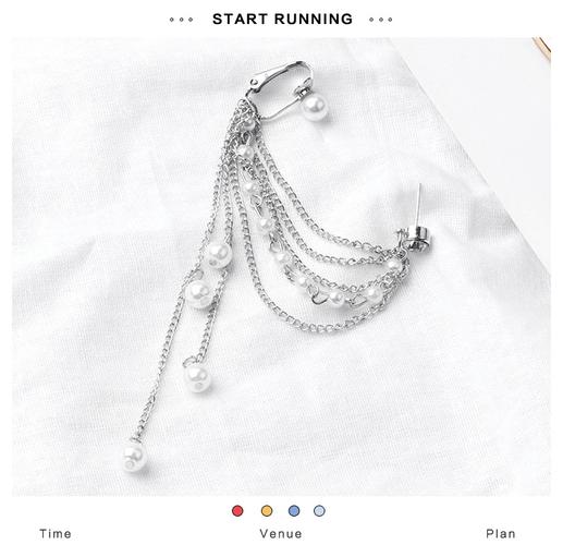 欧美新款热卖个性几何锆石珍珠流苏链条耳骨夹 长款一体式耳骨钉