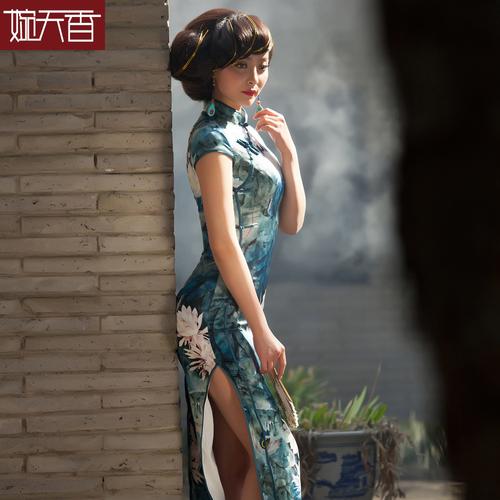 婉天香 纳兰醉影 高端品牌复古改良修身长款高开叉真桑蚕丝旗袍