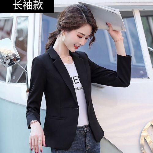 小西装长袖外套女款2021春秋加绒厚款韩版短款小个子西服上衣黑