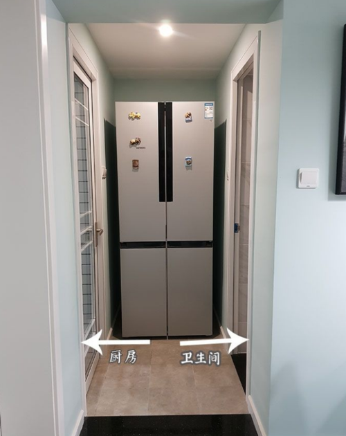 餐厅旁边过来一点,便可以看到一个对开门的大冰箱,而左右两边分别是