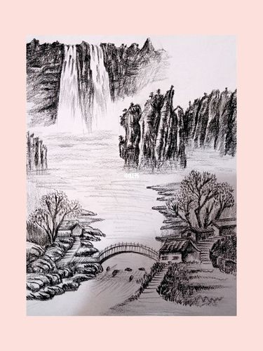 炭笔山水_绘画_文化_绘画
