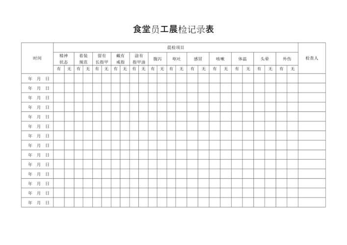 食堂员工晨检记录表
