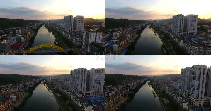 4k航拍岑巩县夕阳城市舞阳河