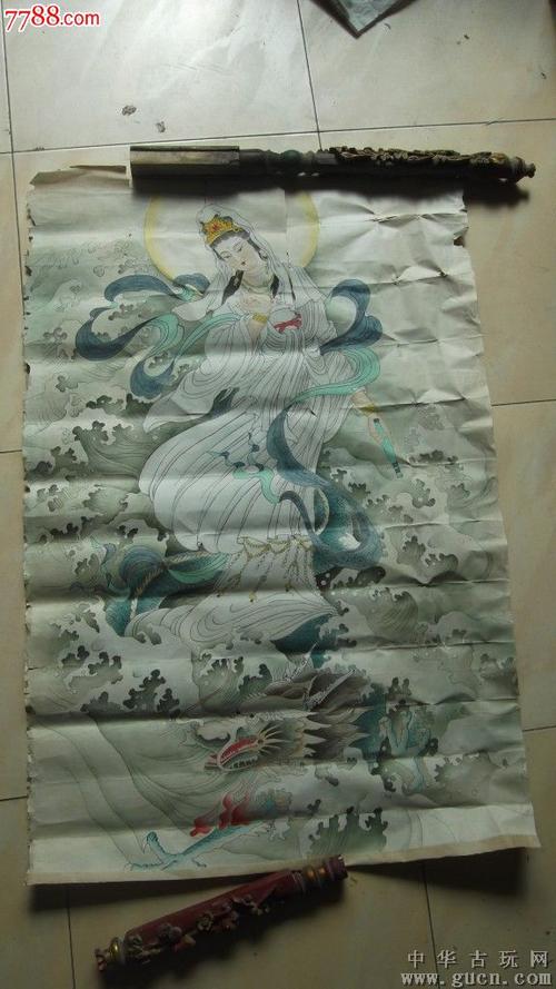 骑龙观音画像工笔细腻有裂不缺包纯手工画